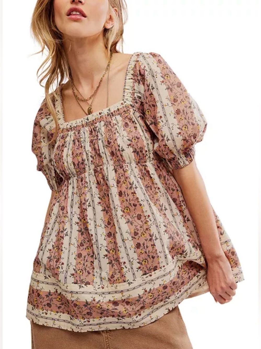 Free People size M Vintage Lover top Boho floral babydoll puff sleeve prairie